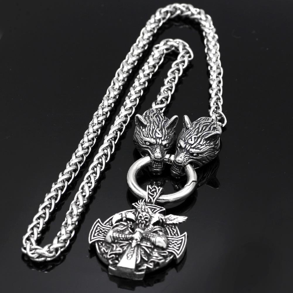Stainless Steel Wolf Head Necklace with Odin Pendant - VikingsBrand