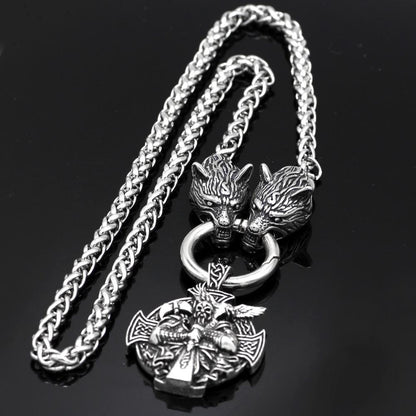 Stainless Steel Wolf Head Necklace with Odin Pendant - VikingsBrand