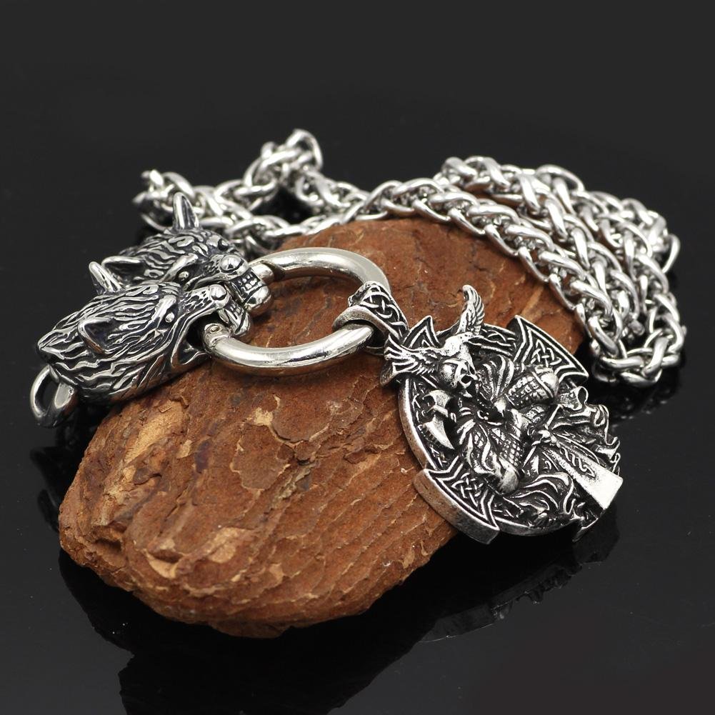 Stainless Steel Wolf Head Necklace with Odin Pendant - VikingsBrand