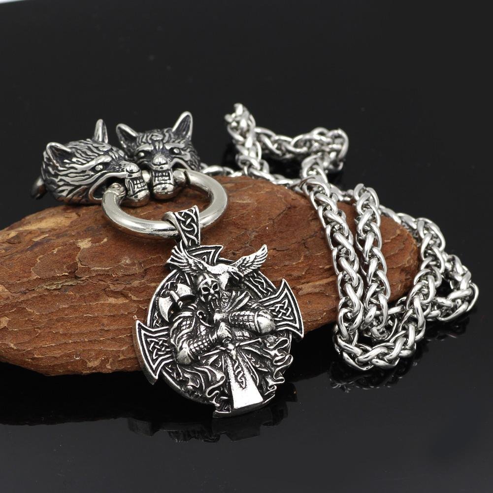 Stainless Steel Wolf Head Necklace with Odin Pendant - VikingsBrand
