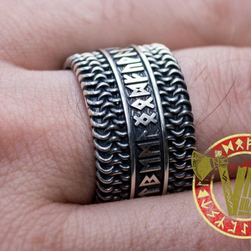 Sterling Silver Chainmail Ring with Runes - VikingsBrand