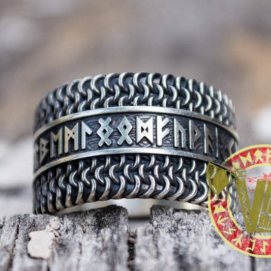 Sterling Silver Chainmail Ring with Runes - VikingsBrand