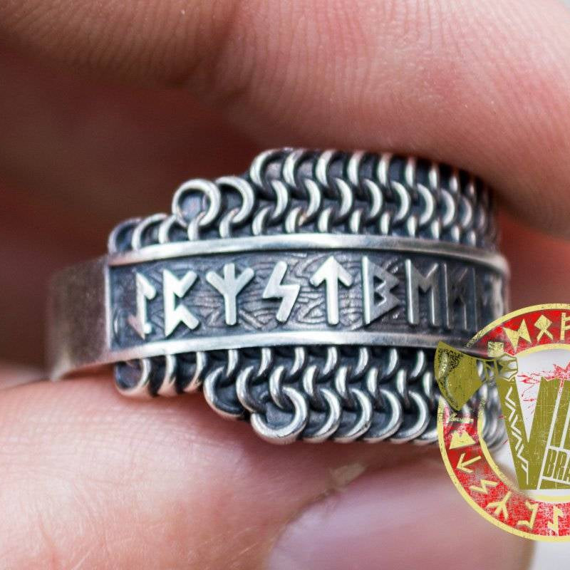 Sterling Silver Chainmail Ring with Runes - VikingsBrand