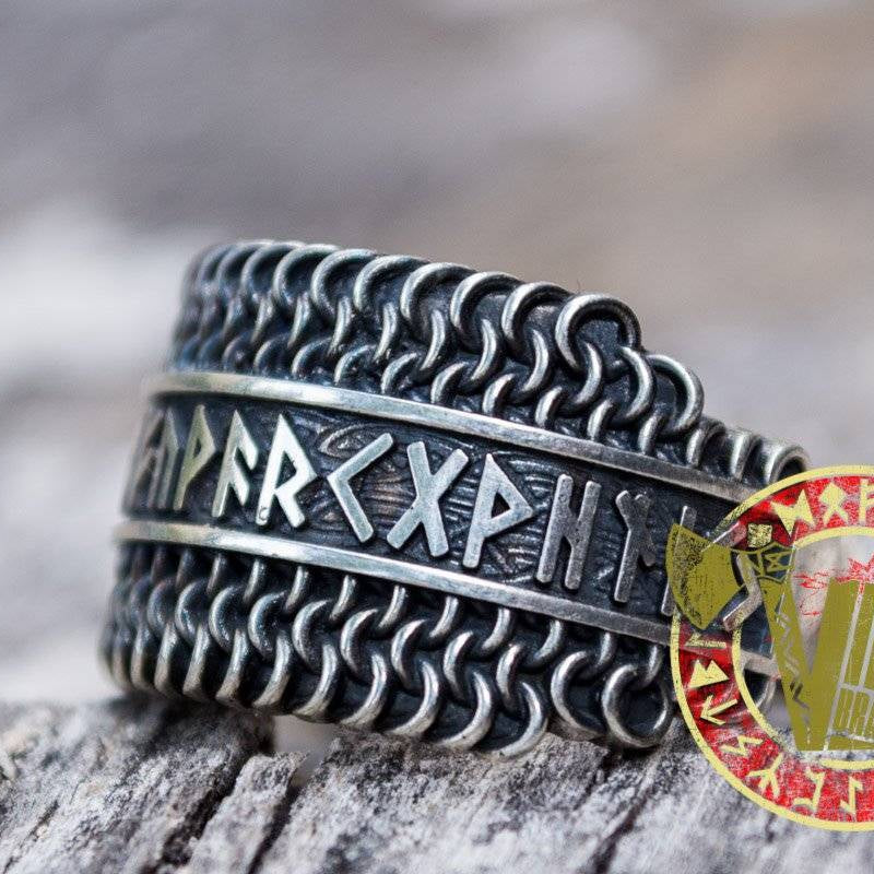 Sterling Silver Chainmail Ring with Runes - VikingsBrand