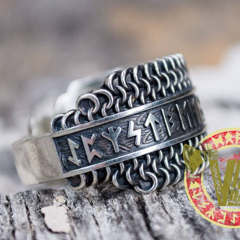 Sterling Silver Chainmail Ring with Runes - VikingsBrand