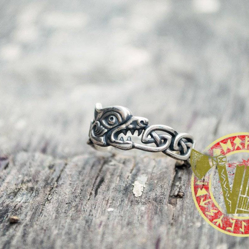 Sterling Silver Fenrir Ring with Viking Ornament - VikingsBrand