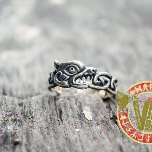 Sterling Silver Fenrir Ring with Viking Ornament - VikingsBrand