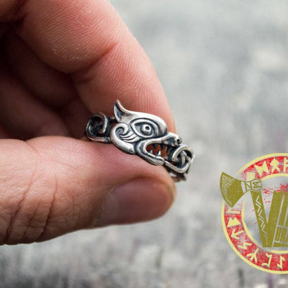 Sterling Silver Fenrir Ring with Viking Ornament - VikingsBrand