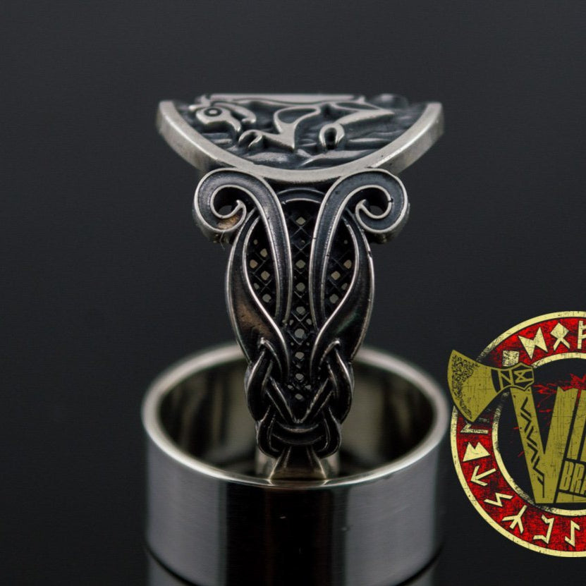 Sterling Silver Ring with Animal and Norse Ornament - VikingsBrand