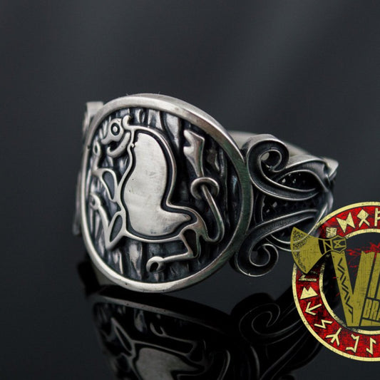 Sterling Silver Ring with Animal and Norse Ornament - VikingsBrand