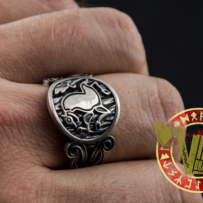 Sterling Silver Ring with Animal and Norse Ornament - VikingsBrand