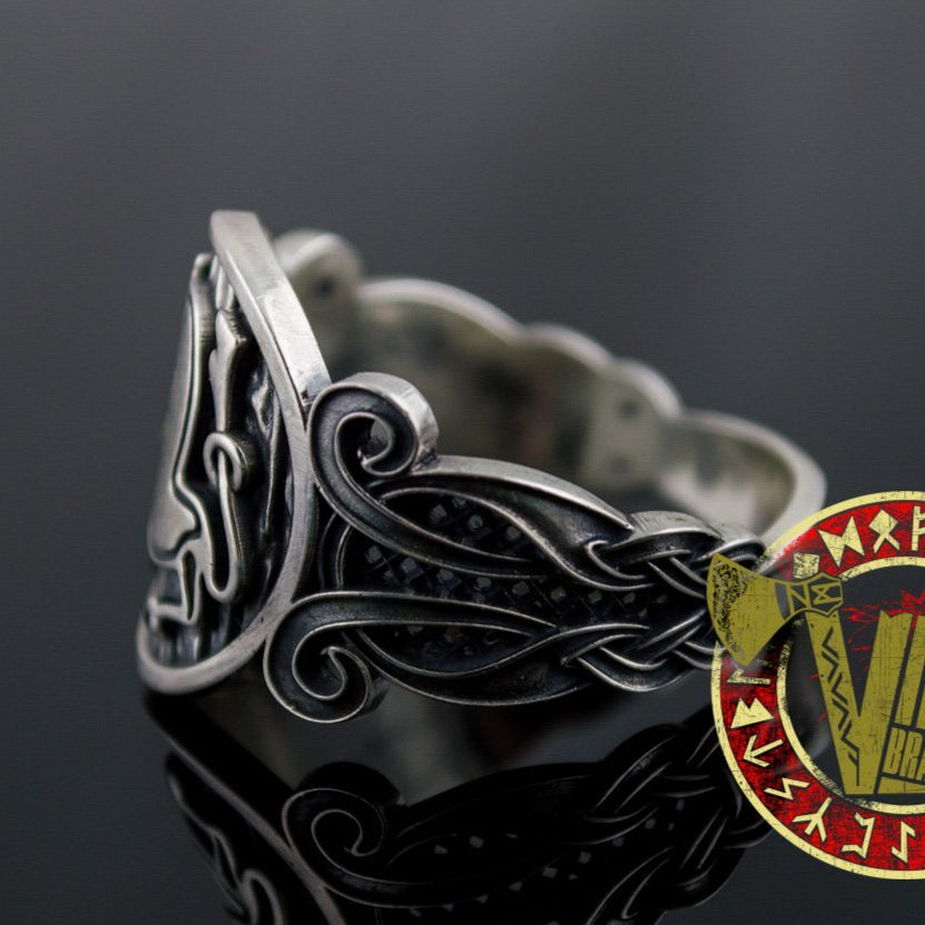 Sterling Silver Ring with Animal and Norse Ornament - VikingsBrand