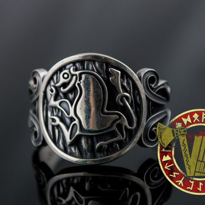 Sterling Silver Ring with Animal and Norse Ornament - VikingsBrand