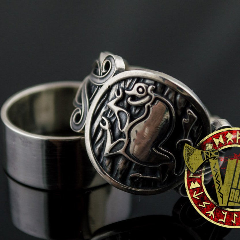 Sterling Silver Ring with Animal and Norse Ornament - VikingsBrand