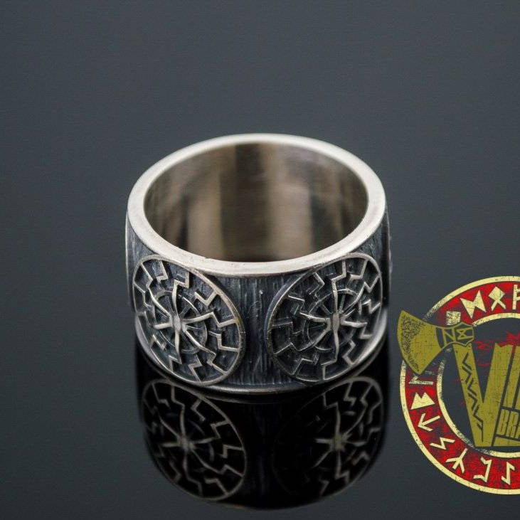 Sterling Silver Ring with Black Sun Symbol - VikingsBrand
