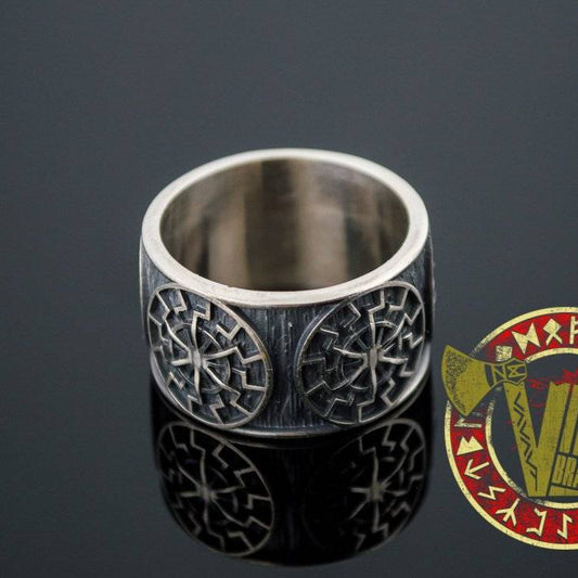 Sterling Silver Ring with Black Sun Symbol - VikingsBrand