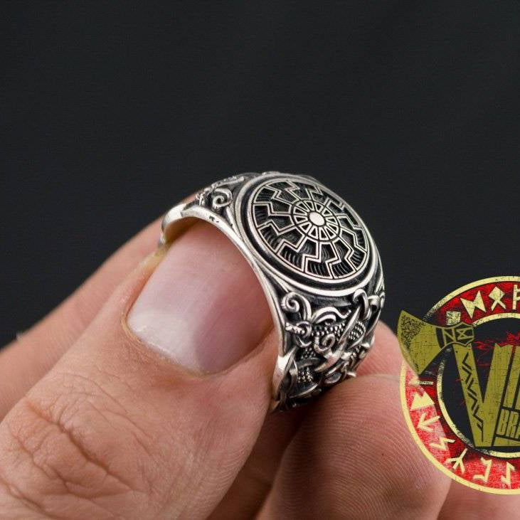 Sterling Silver Ring with Black Sun Symbol and Mammen Ornament - VikingsBrand