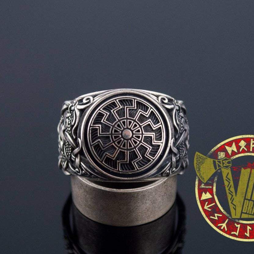 Sterling Silver Ring with Black Sun Symbol and Mammen Ornament - VikingsBrand