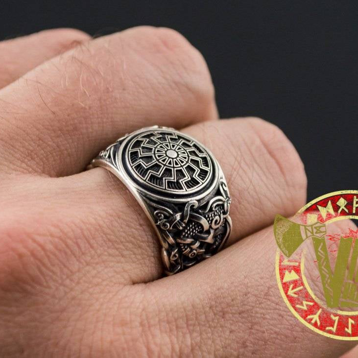 Sterling Silver Ring with Black Sun Symbol and Mammen Ornament - VikingsBrand