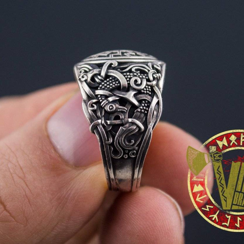 Sterling Silver Ring with Black Sun Symbol and Mammen Ornament - VikingsBrand