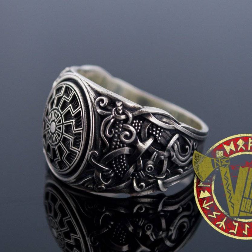 Sterling Silver Ring with Black Sun Symbol and Mammen Ornament - VikingsBrand