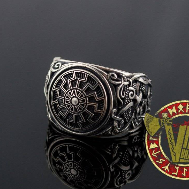 Sterling Silver Ring with Black Sun Symbol and Mammen Ornament - VikingsBrand