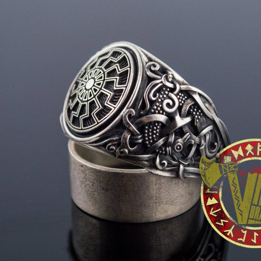 Sterling Silver Ring with Black Sun Symbol and Mammen Ornament - VikingsBrand