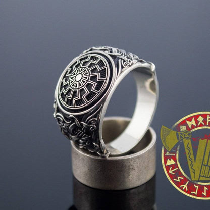 Sterling Silver Ring with Black Sun Symbol and Mammen Ornament - VikingsBrand