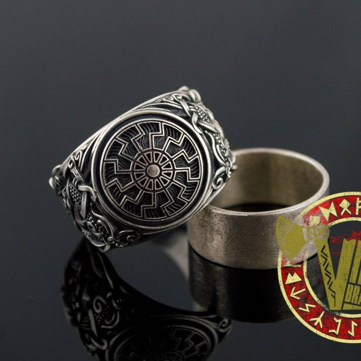 Sterling Silver Ring with Black Sun Symbol and Mammen Ornament - VikingsBrand