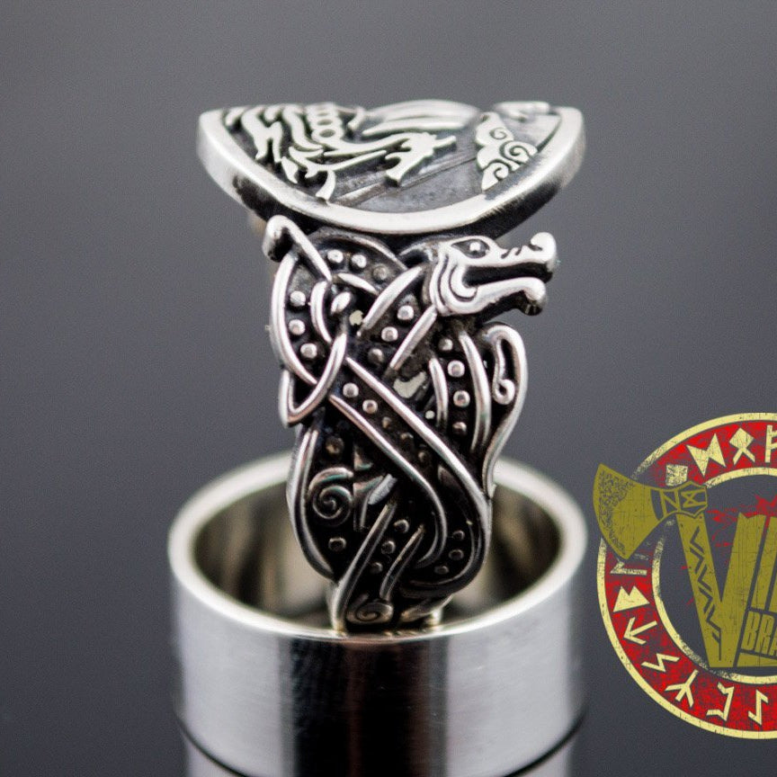 Sterling Silver Ring with Drakkar Symbol and Wolf Ornament - VikingsBrand