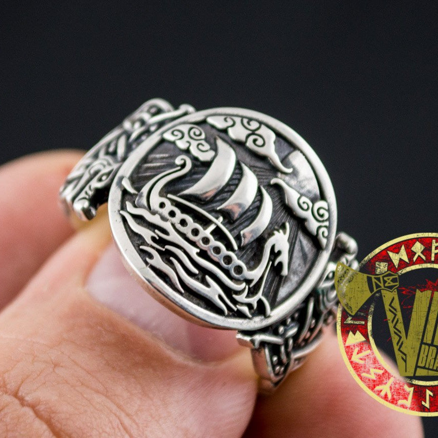 Sterling Silver Ring with Drakkar Symbol and Wolf Ornament - VikingsBrand