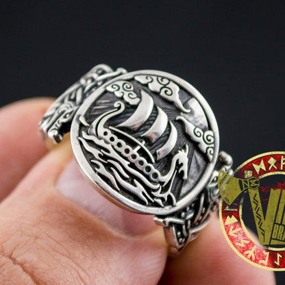 Sterling Silver Ring with Drakkar Symbol and Wolf Ornament - VikingsBrand