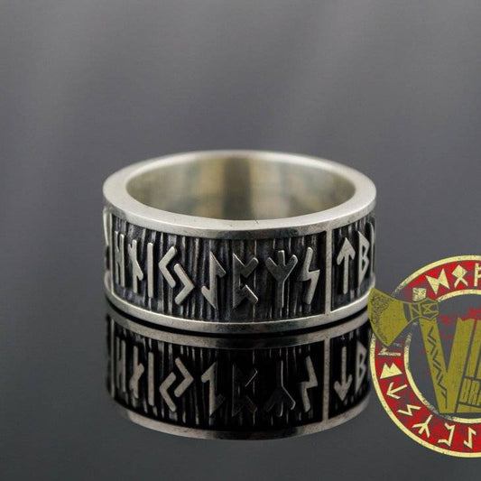 Sterling Silver Ring with Elder Futhark Runes - VikingsBrand