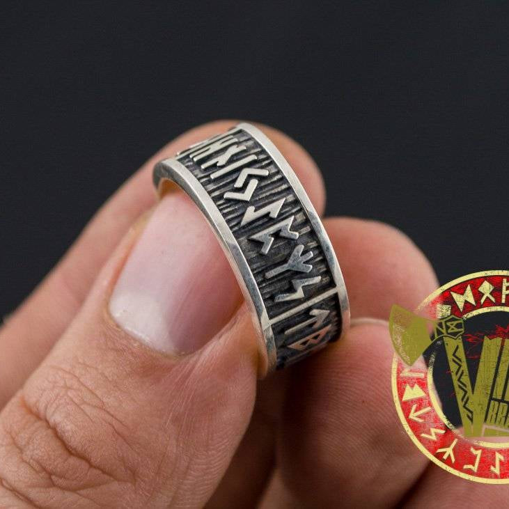 Sterling Silver Ring with Elder Futhark Runes - VikingsBrand