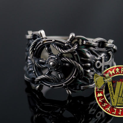 Sterling Silver Ring with Handwheel with Anchor and Chain - VikingsBrand