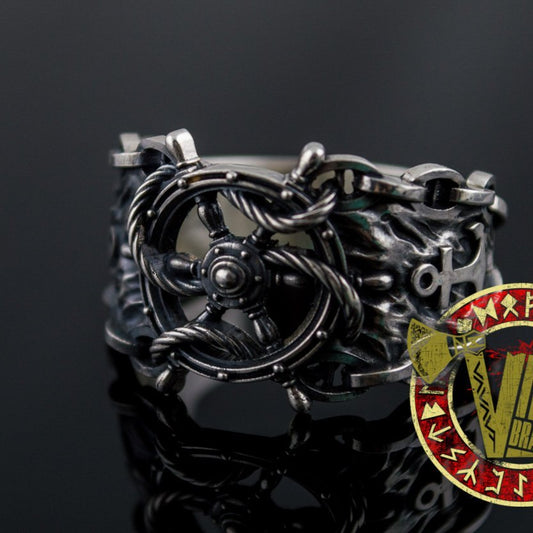 Sterling Silver Ring with Handwheel with Anchor and Chain - VikingsBrand