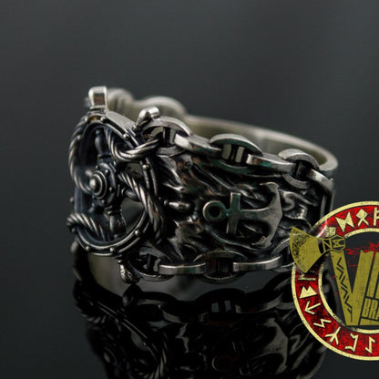 Sterling Silver Ring with Handwheel with Anchor and Chain - VikingsBrand