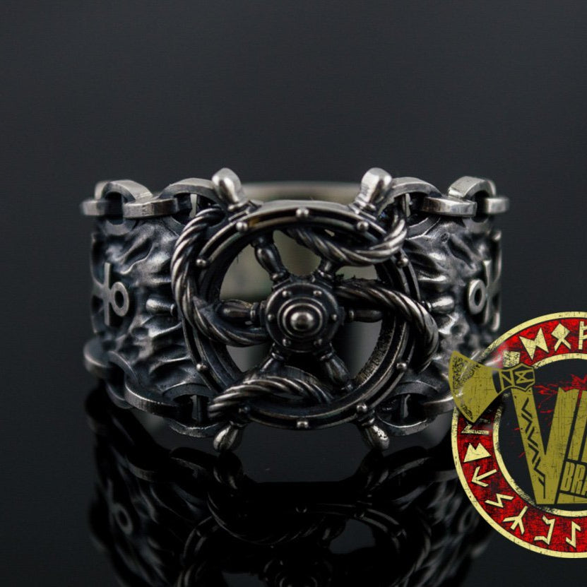 Sterling Silver Ring with Handwheel with Anchor and Chain - VikingsBrand