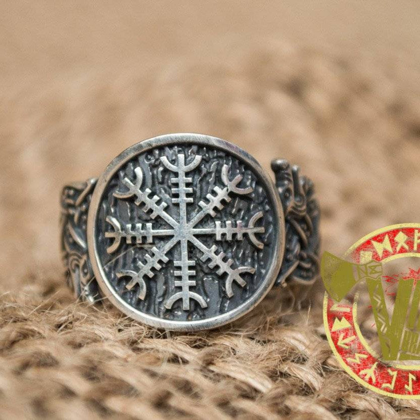 Sterling Silver Ring with Helm of Awe Symbol and Norse Ornament - VikingsBrand