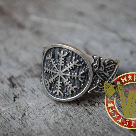 Sterling Silver Ring with Helm of Awe Symbol and Norse Ornament - VikingsBrand