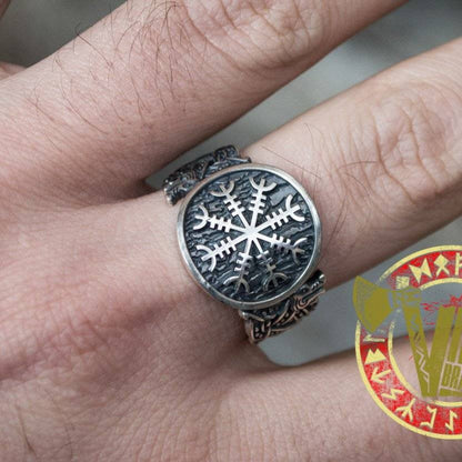 Sterling Silver Ring with Helm of Awe Symbol and Norse Ornament - VikingsBrand
