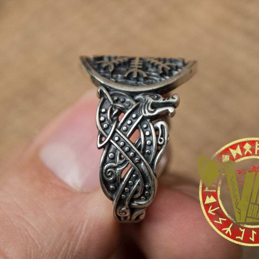 Sterling Silver Ring with Helm of Awe Symbol and Norse Ornament - VikingsBrand