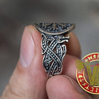 Sterling Silver Ring with Helm of Awe Symbol and Norse Ornament - VikingsBrand