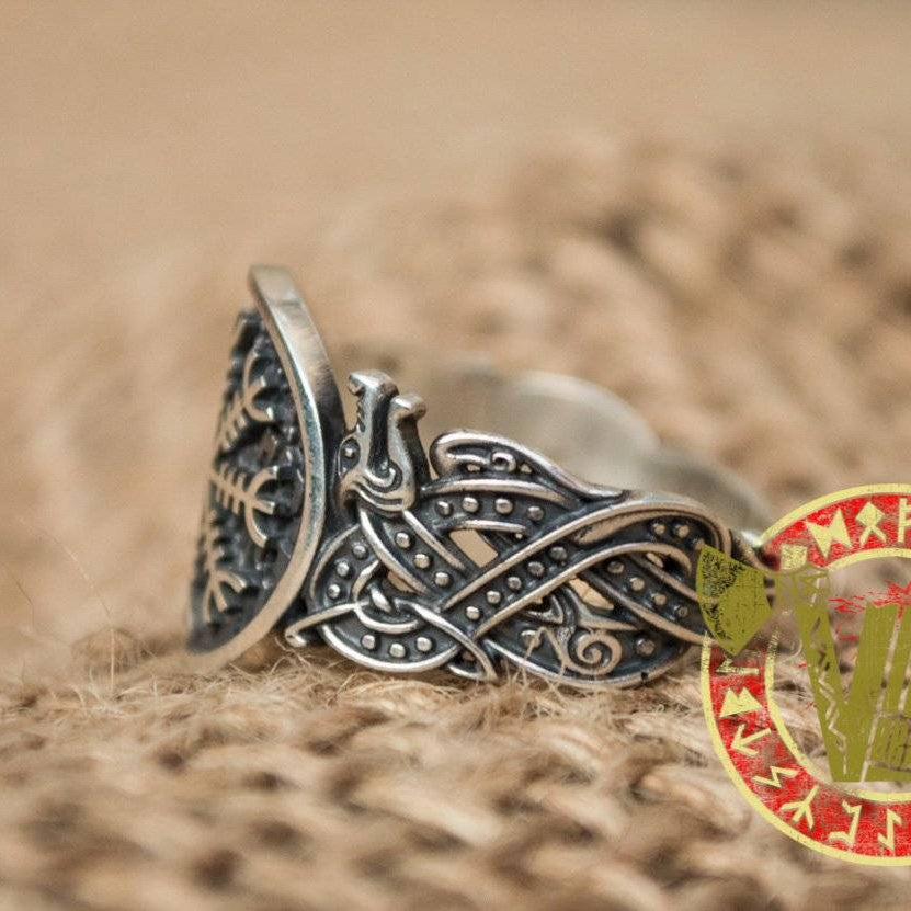 Sterling Silver Ring with Helm of Awe Symbol and Norse Ornament - VikingsBrand
