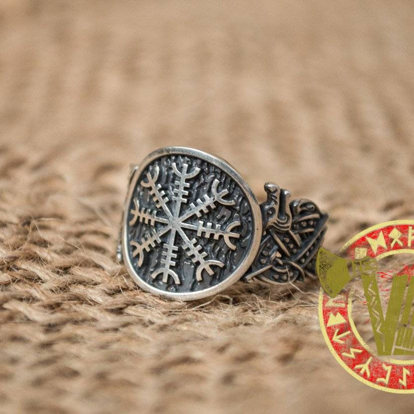 Sterling Silver Ring with Helm of Awe Symbol and Norse Ornament - VikingsBrand