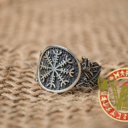 Sterling Silver Ring with Helm of Awe Symbol and Norse Ornament - VikingsBrand