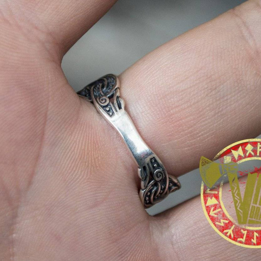 Sterling Silver Ring with Helm of Awe Symbol and Norse Ornament - VikingsBrand