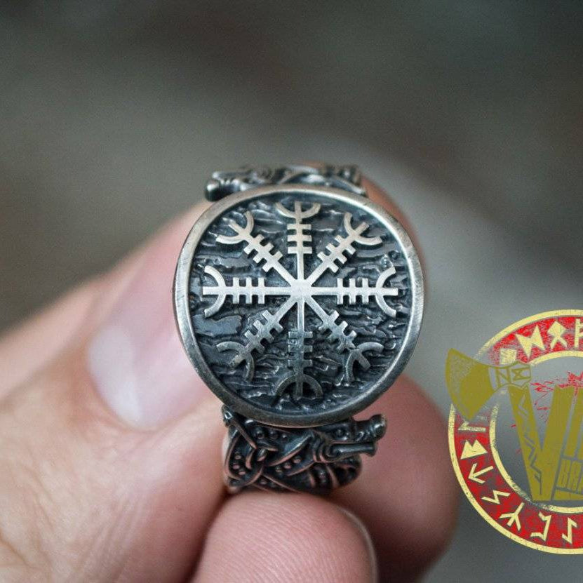 Sterling Silver Ring with Helm of Awe Symbol and Norse Ornament - VikingsBrand