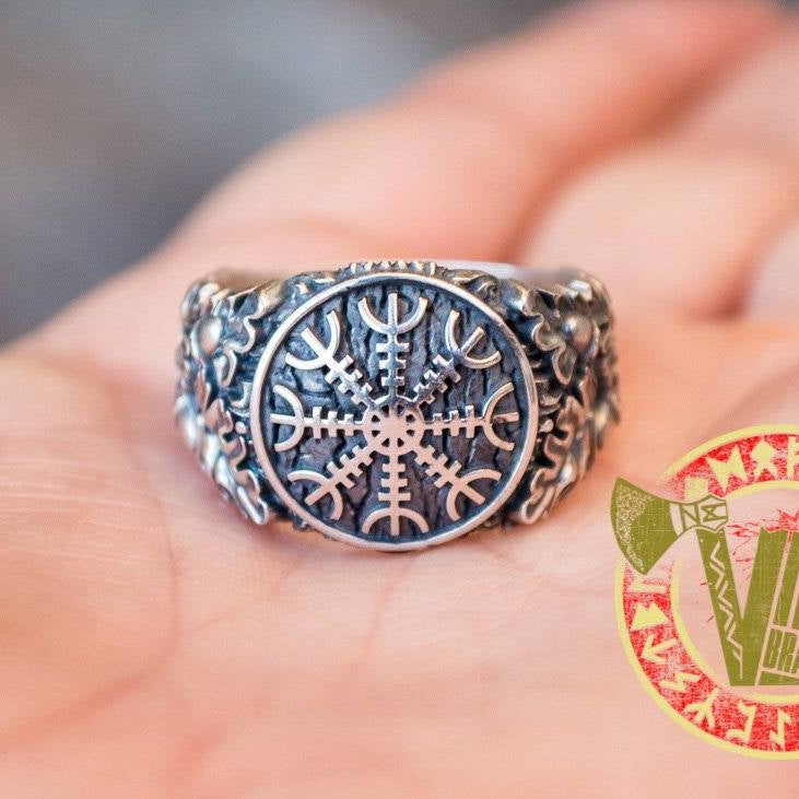 Sterling Silver Ring with Helm of Awe Symbol and Oak Leaves with Acorns - VikingsBrand