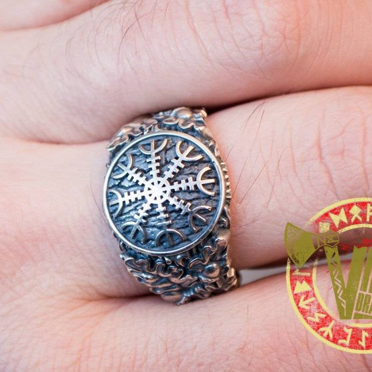 Sterling Silver Ring with Helm of Awe Symbol and Oak Leaves with Acorns - VikingsBrand